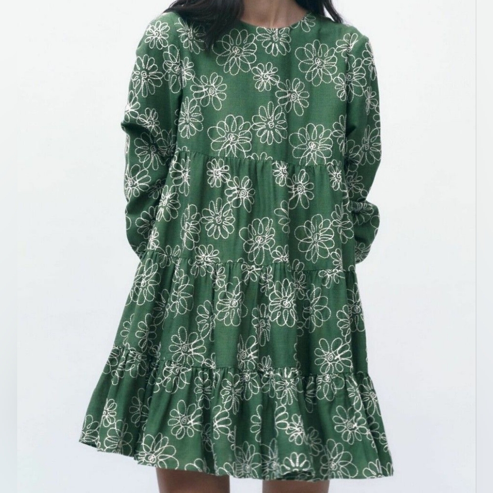 Zara Diana Floral Embroidered Tiered Mini Dress Linen Long Sleeve Green Small S